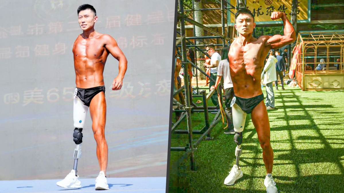 Chinese bodybuilder with one arm and one leg inspires millions after competing in Jinan championship