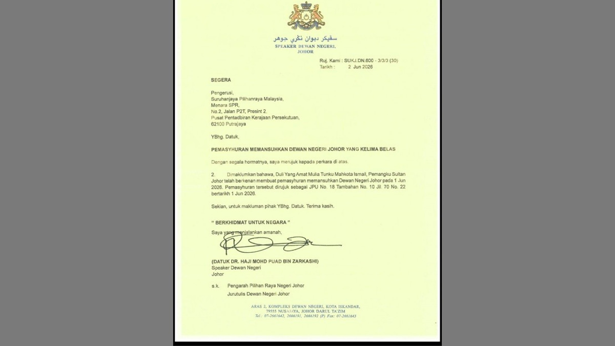 Johor Assembly Dissolution Formally Notified to Election Commission
