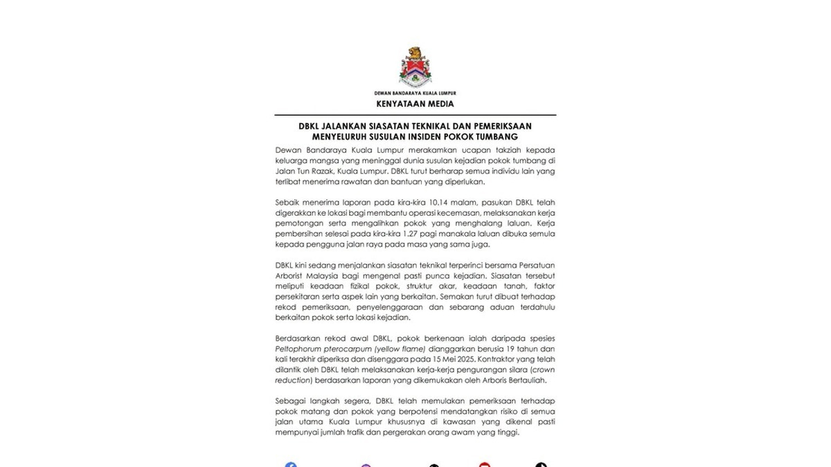 DBKL and Arborists Launch Probe Into Fatal Tree Collapse on Jalan Tun Razak
