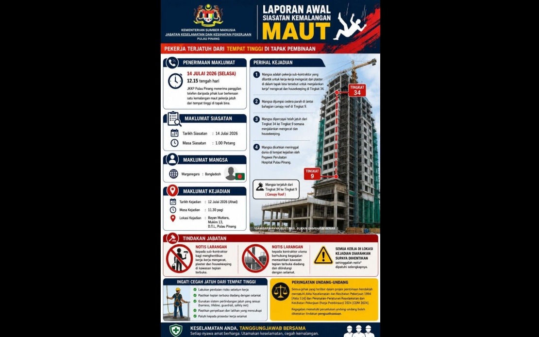 Penang DOSH Investigates Death of Bangladeshi Worker After 25-Storey Fall at Bayan Mutiara Site