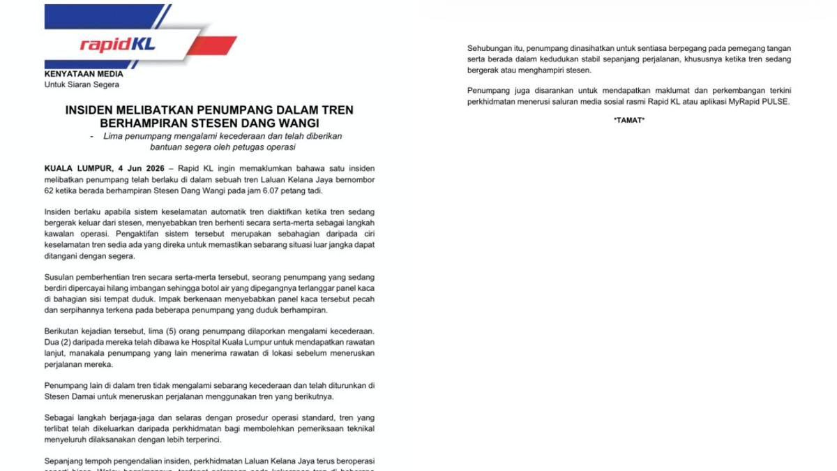 Five Injured After Kelana Jaya Line Train Stops Abruptly